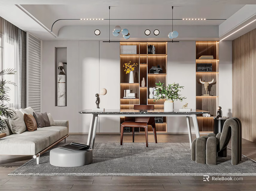 Modern Study Room Interior With Sofa Desk Bookshelves And Lighting 3d model