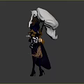 Anime Style Woman With White Long Hair Fox Tails Swords And Purple Orange Outfit