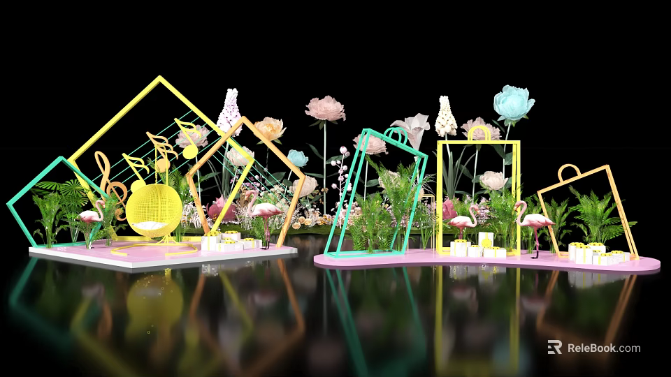 Colorful Artistic Decorative Scene With Geometric Frames Flowers Mushroom Ornaments Candles And Green Plants 3d model 