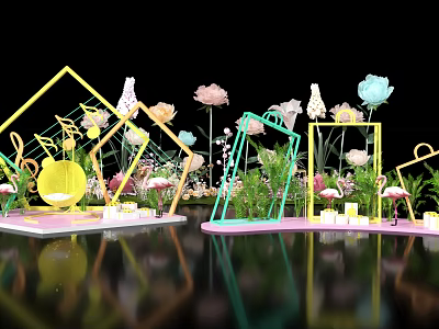 Colorful Artistic Decorative Scene With Geometric Frames Flowers Mushroom Ornaments Candles And Green Plants 3d model