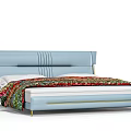 Light Blue Double Bed with Vertical Striped Headboard Golden Lines Patterned Blanket and Golden Legs