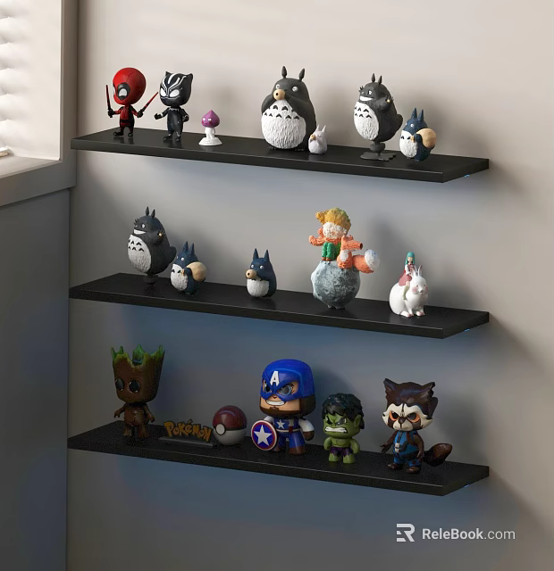 Colorful Decorative Figurine Set with Various Cartoon Anime Characters on Wall Shelves 3d model 