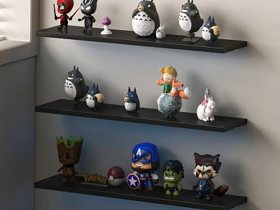 Colorful Decorative Figurine Set with Various Cartoon Anime Characters on Wall Shelves 3d model