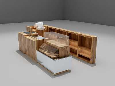 Wooden Retail Display Counter With Glass Showcase And Storage Shelves 3d model