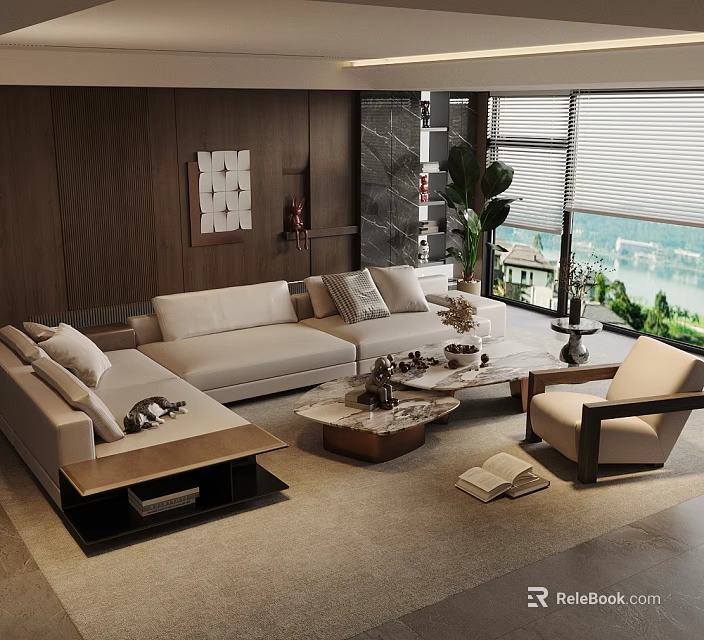 Modern Beige Sofa Coffee Table Set With Marble Top Wooden Wall Green Plant Window View 3d model 
