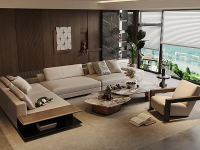 Modern Beige Sofa Coffee Table Set With Marble Top Wooden Wall Green Plant Window View 3d model