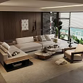 Modern Beige Sofa Coffee Table Set With Marble Top Wooden Wall Green Plant Window View
