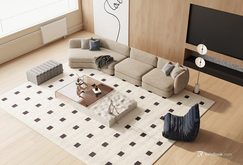 Modern Beige Sofa And Coffee Table Set With Throw Pillows Diamond Pattern Rug Wooden Floor 3d model