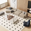 Modern Beige Sofa And Coffee Table Set With Throw Pillows Diamond Pattern Rug Wooden Floor 3d model