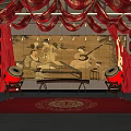 Traditional Chinese Interior With Red Draperies Lanterns Ancient Painting And Drums