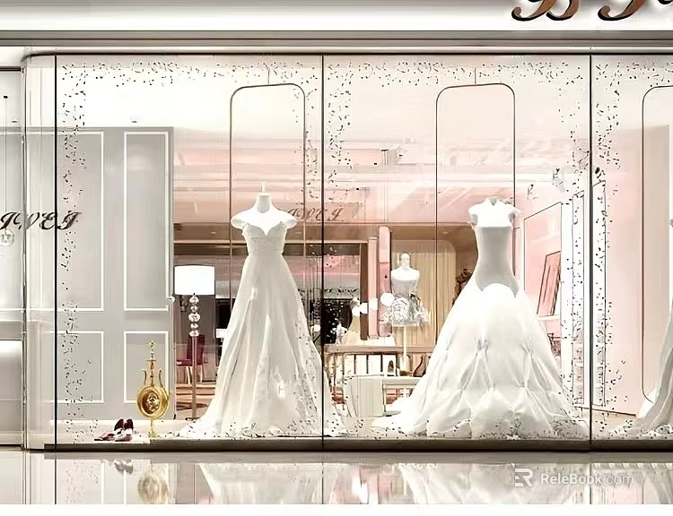 Elegant Bridal Shop Window Display With White Wedding Dresses On Mannequins 3d model 