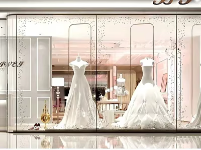 Elegant Bridal Shop Window Display With White Wedding Dresses On Mannequins 3d model