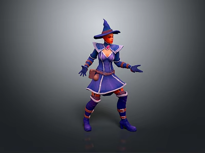 Game Movie Witch Character with Pointed Hat Purple Outfit Orange Hair Black Gloves Waist Pouch 3d model