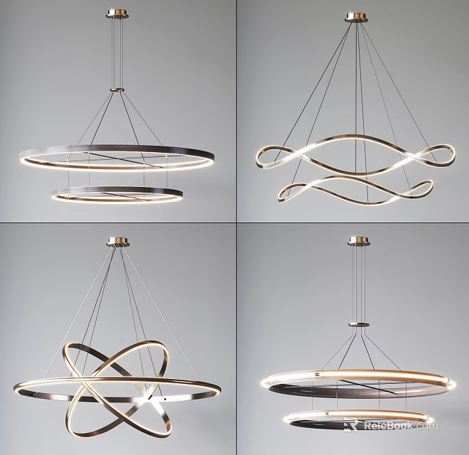 Modern Contemporary Chandeliers with Circular Rings and Curved Geometric Shapes for Interior Lighting Decor 3d model 