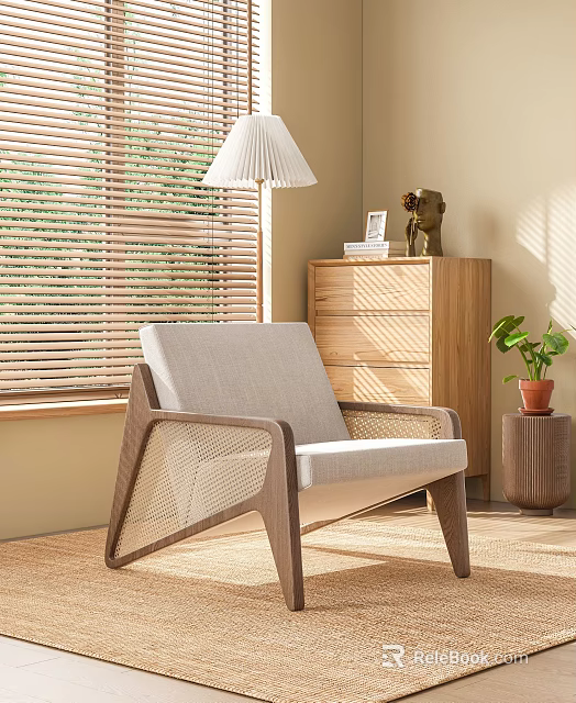 Modern Leisure Chair With Wooden Frame Woven Design And Light Gray Cushion By Window Blinds 3d model 