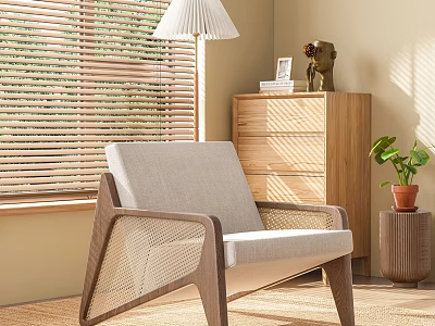 Modern Leisure Chair With Wooden Frame Woven Design And Light Gray Cushion By Window Blinds 3d model