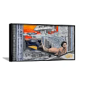 Futuristic Female Figure Painting with Orange Sky Flying Vehicles and Futuristic City Buildings