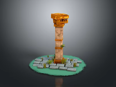 Scenic View Of Stone Pillar With Orange Top On Green Grass And Gray Stone Slabs 3d model