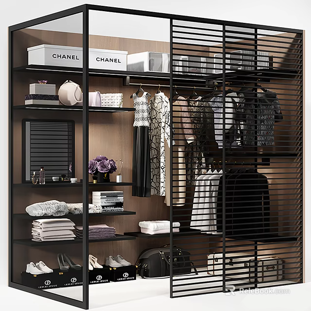 Modern Wardrobe Interior With Hanging Clothes Folded Items Shoes And Bags 3d model 