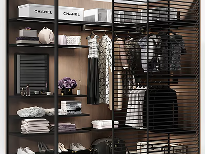 Modern Wardrobe Interior With Hanging Clothes Folded Items Shoes And Bags 3d model