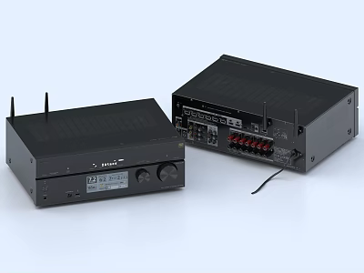 Black HiFi Audio Amplifiers With Front Knobs Display Screen And Rear Connection Ports 3d model