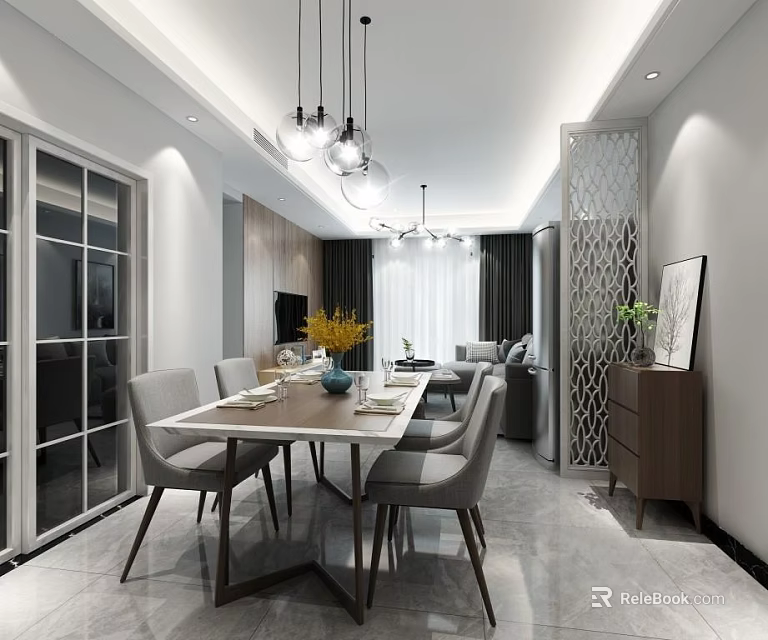 Modern Restaurant Interior With Wooden Dining Table Gray Chairs And Hanging Lights 3d model 