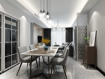 Modern Restaurant Interior With Wooden Dining Table Gray Chairs And Hanging Lights 3d model
