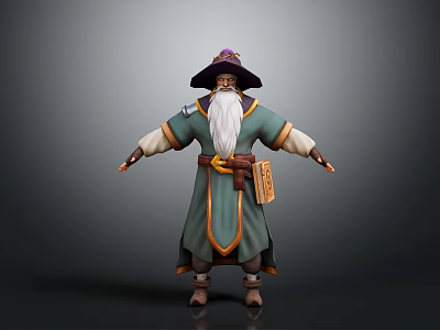 Wise Old Fantasy Wizard Character In Green Robe With Decorated Hat Long Beard And Scroll 3d model