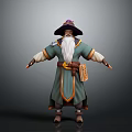 Wise Old Fantasy Wizard Character In Green Robe With Decorated Hat Long Beard And Scroll