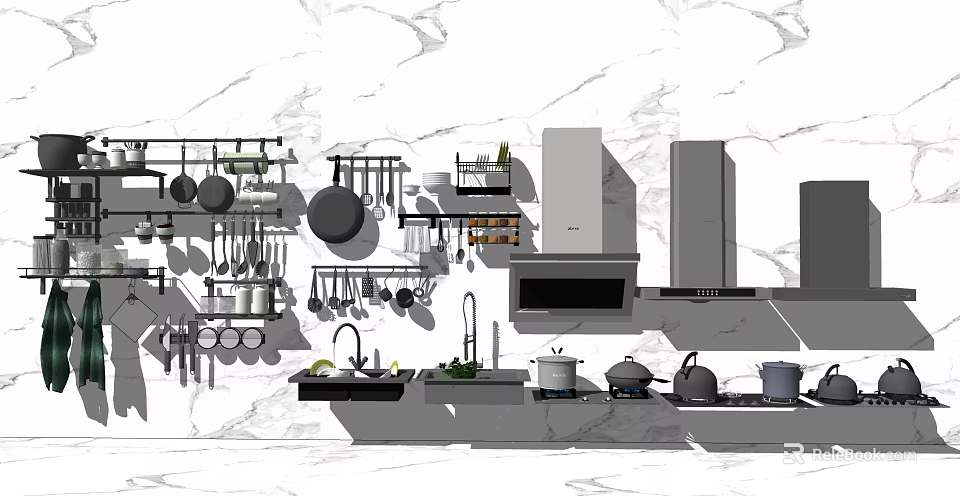 Modern Kitchen With Essential Appliances Marble Countertop Hanging Utensils And Cabinets 3d model 