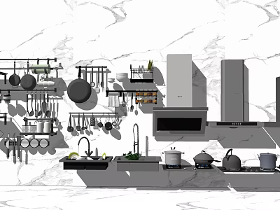 Modern Kitchen With Essential Appliances Marble Countertop Hanging Utensils And Cabinets 3d model