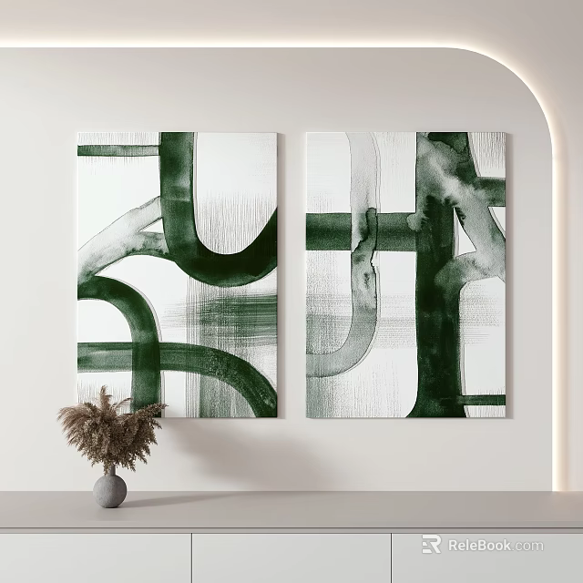 Modern Abstract Paintings With Green White Geometric Patterns For Wall Decor 3d model
