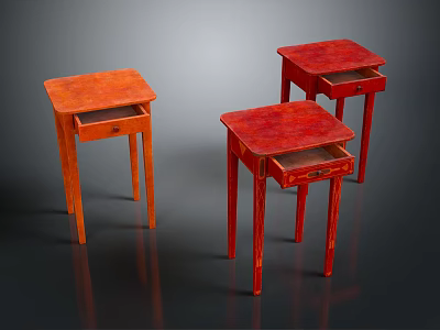 Three Orange And Red Side Tables With Drawers And Slender Legs On Dark Reflective Surface 3d model