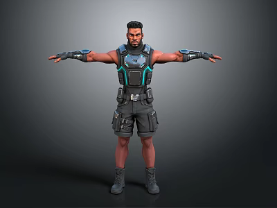 Male Sci Fi Character With Black Outfit Blue Accents And Arm Guards Standing Pose 3d model