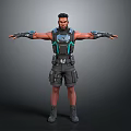 Male Sci Fi Character With Black Outfit Blue Accents And Arm Guards Standing Pose
