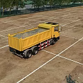 Outdoor Basketball Court With White Lines Yellow Dump Truck And Trees