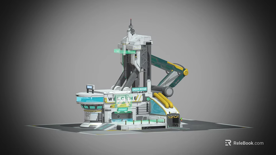 Cartoon Futuristic Tech Scene With Welcome Sign Mechanical Arm And Tower Structure Design 3d model 