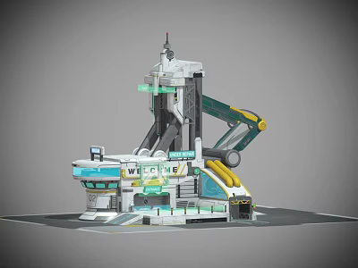 Cartoon Futuristic Tech Scene With Welcome Sign Mechanical Arm And Tower Structure Design 3d model