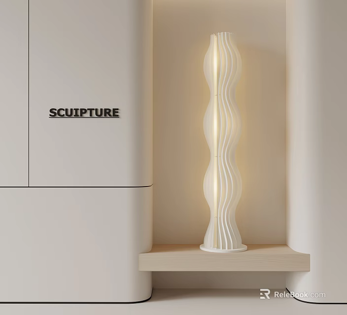 White Sculpture Lamp With Wavy Design On Wooden Shelf Next To Cabinet 3d model 
