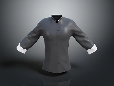 Gray Chinese Style Stand Collar Long Sleeve Shirt With White Cuffs And Button Design 3d model