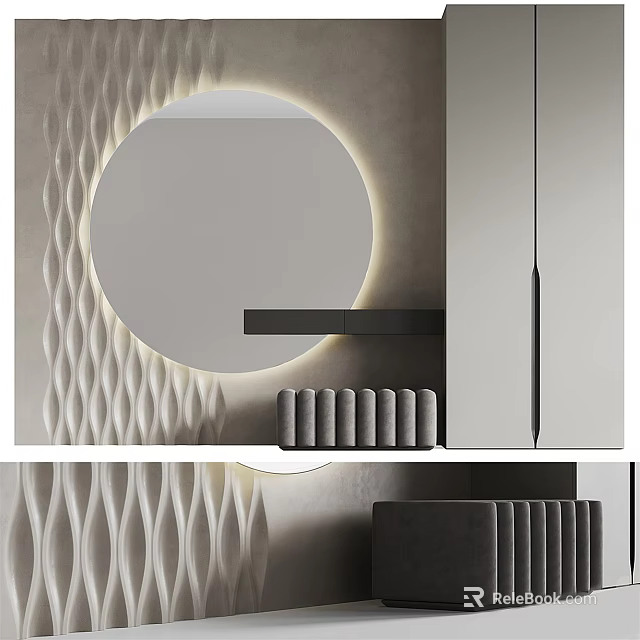 Modern Wavy Textured Background Wall Design With Circular Lighting Decor 3d model