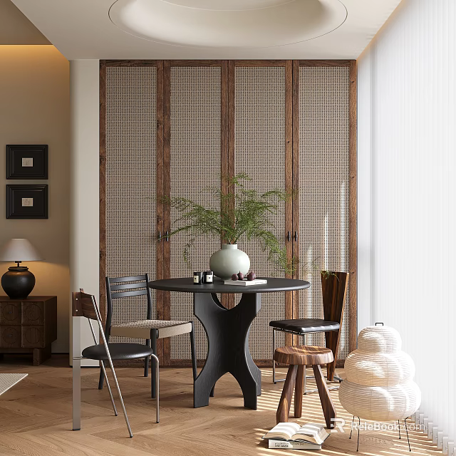Modern Restaurant Interior With Wooden Lattice Screens Round Dining Table Chairs And Green Plant Decor 3d model 