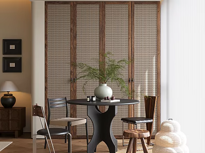 Modern Restaurant Interior With Wooden Lattice Screens Round Dining Table Chairs And Green Plant Decor 3d model