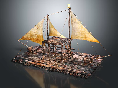 Traditional Wooden Boat with Yellow Sails and Intricate Wooden Deck Mast Structure 3d model