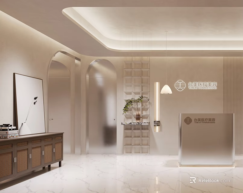 Modern Reception Desk Area With Elegant Lighting Potted Plants And Marble Floor Design 3d model 