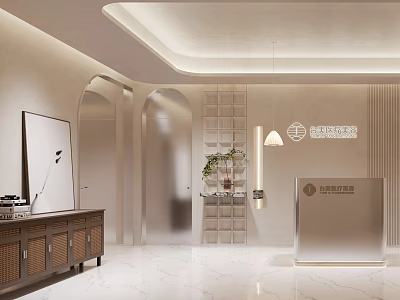 Modern Reception Desk Area With Elegant Lighting Potted Plants And Marble Floor Design 3d model