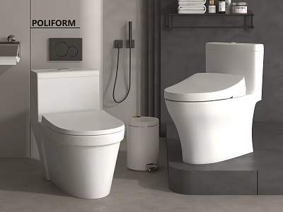 Modern White Toilets in Bathroom with Wall Shelf Towels and Trash Bin 3d model