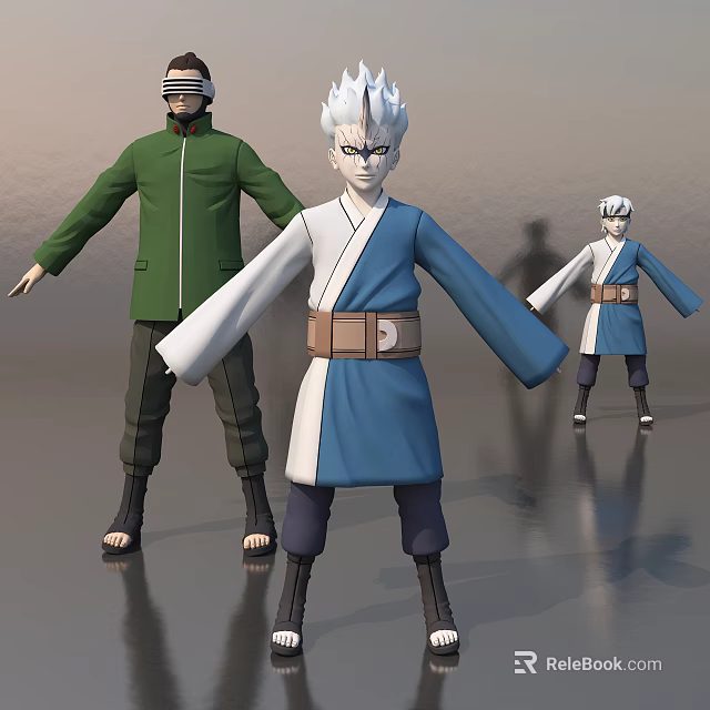 Anime Game Characters with White Hair Blue and White Robes Green Jacket Different Sizes 3d model 