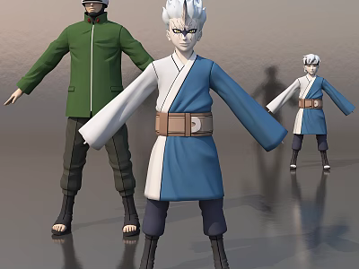 Anime Game Characters with White Hair Blue and White Robes Green Jacket Different Sizes 3d model