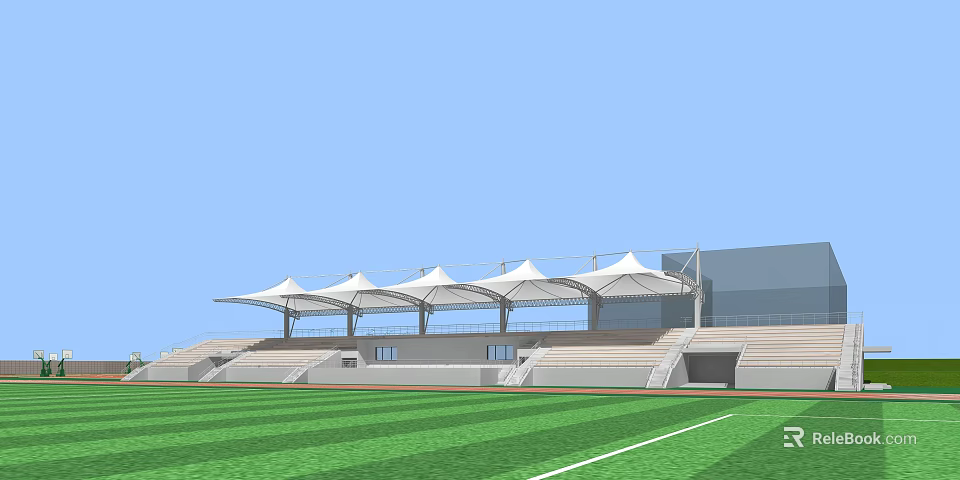 Football Field With Green Striped Grass Terraced Stands And White Canopy Structures Under Blue Sky 3d model